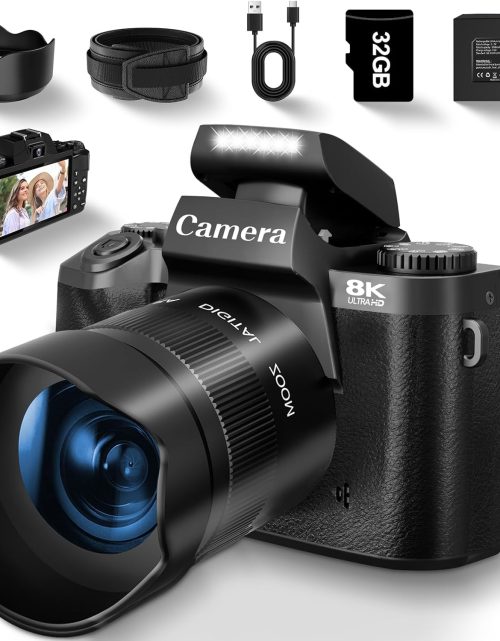 8K Digital Camera for Photography, Vlogging Camera for YouTube with Autofocus, WiFi Touchscreen 16X Digital Zoom Video Camera with 3000mAh Battery, Dual-Lens, Lens Hood, 32GB TF Card and Flash,Black