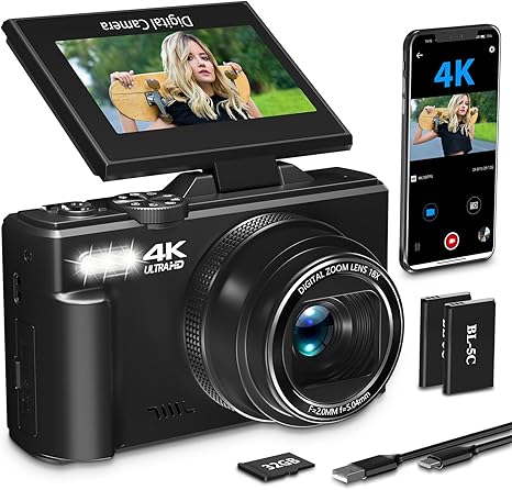 4K Digital Camera for Photography with 3" 180°Flip Screen,64MP Vlogging Camera for YouTube, HD WiFi Compact Camera with Flash, 18X Digital Zoom, 32GB TF Card & 2 Batteries(Black)