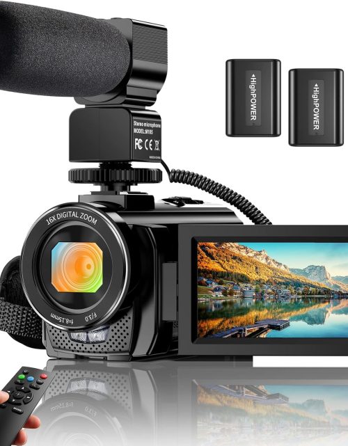 Video Camera YouTube Vlogging Camera Recorder FHD 1080P 24.0MP 3.0 Inch 270 Degree Rotation Screen 16X Digital Zoom Camcorder with Microphone,Remote Control and 2 Batteries